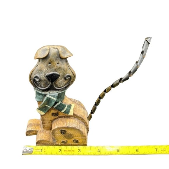 Puppy Dog Wearing a Green White Scarf Figurine Resin w Curly Bendable Metal Tail - Picture 3 of 7